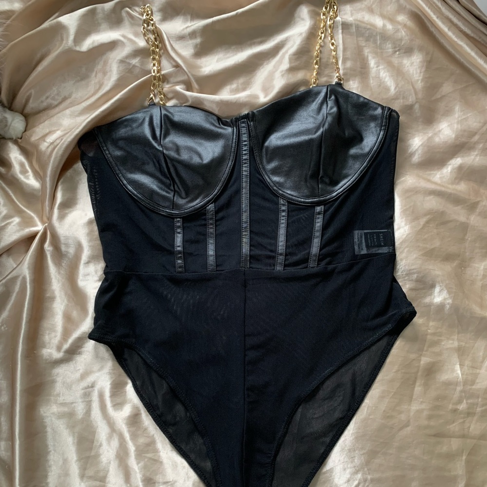 Shein size L, black bodysuit with gold accent straps